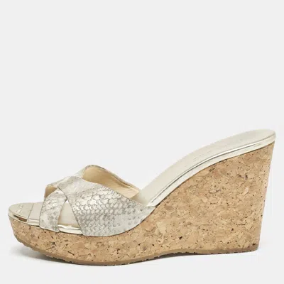 Pre-owned Jimmy Choo Grey Python Embossed Leather Prima Cork Wedge Platform Sandals Size 38