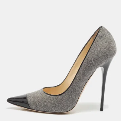Pre-owned Jimmy Choo Grey/black Wool And Patent Leather Pumps Size 38