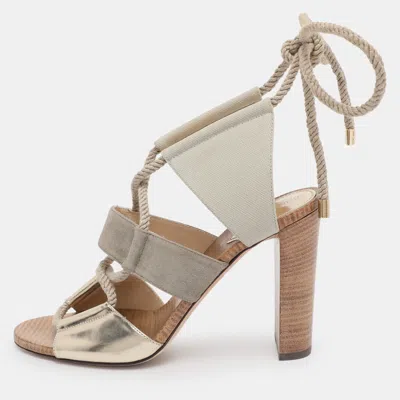 Pre-owned Jimmy Choo Grey/gold Canvas And Leather Henni Cut Out Sandals Size 39 In Gray