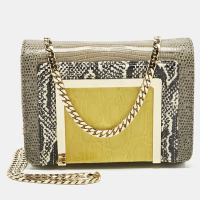 Pre-owned Jimmy Choo Grey/yellow Croc And Lizard Alba Chain Shoulder Bag In Gray