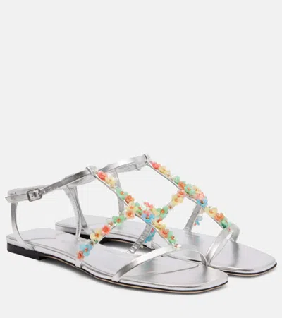 JIMMY CHOO GWYN DAISY FLORAL-APPLIQUÉ LEATHER SANDALS