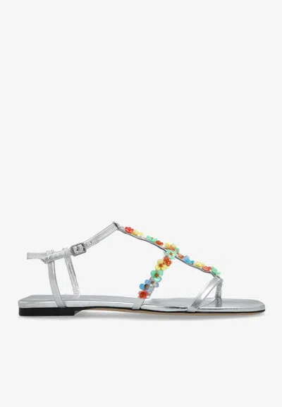 Jimmy Choo Gwyn Metallic Leather Daisy Sandals In Silver