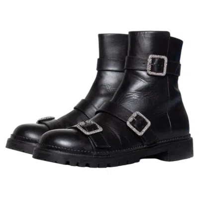 Pre-owned Jimmy Choo , Hank Flat Jewel Buckle Ankle Boots In Black