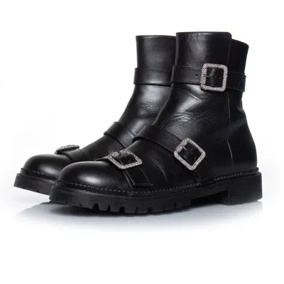 Jimmy Choo Hank Flat Jewel Buckle Ankle Boots In Black