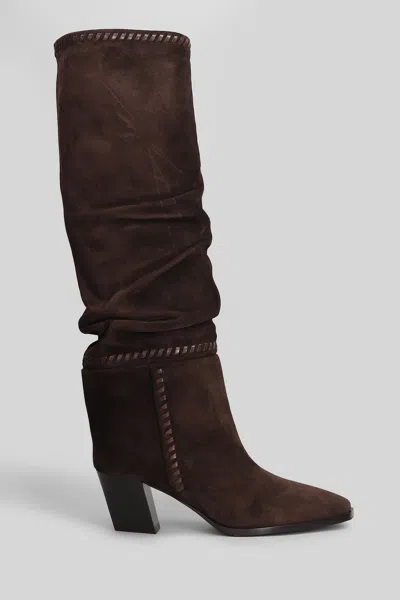 JIMMY CHOO HART STITCH 60 HIGH HEELS BOOTS IN BROWN SUEDE