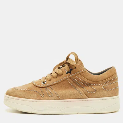 Pre-owned Jimmy Choo Hawaii Size 38.5 Brown Suede Stud Embellished Low Top Sneakers