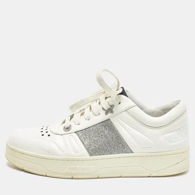 Pre-owned Jimmy Choo Hawaii/f Size 38.5 White/silver Glitter And Leather Low Top Sneakers