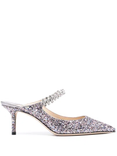 Jimmy Choo Bing 100 Crystal Strap Glitter Heel Mules In Silver