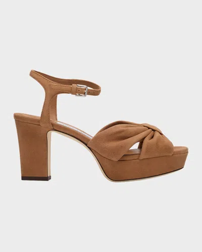 Jimmy Choo Heloise 80mm Suede Platform Sandals In Brown
