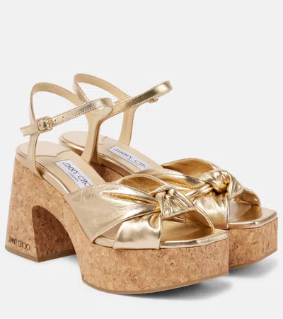 Jimmy Choo Heloise 95 Metallic Leather Wedge Sandals In Gold