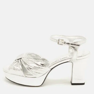 Pre-owned Jimmy Choo Heloise Size 38 Silver Metallic Leather Platform Ankle Strap Sandals