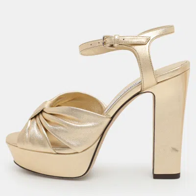 Pre-owned Jimmy Choo Heloise Size 39 Cream Patent Leather Ankle Strap Platform Sandals In Gold