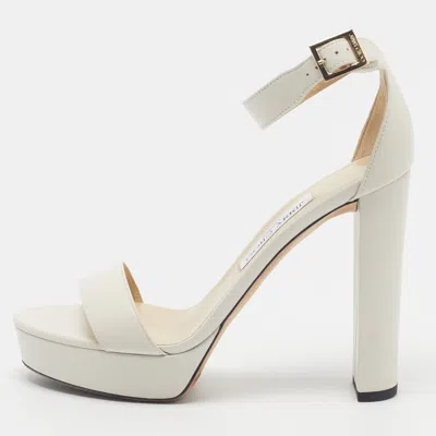 Pre-owned Jimmy Choo Holly Size 39.5 Cream Leather Ankle Strap Platform Sandals In White