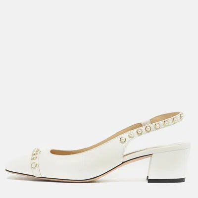 Pre-owned Jimmy Choo Hya Pearl Embellished Size 37 White Leather Slingback Pumps