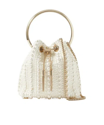 Jimmy Choo Imitation Pearl Satin Bucket Bag In White