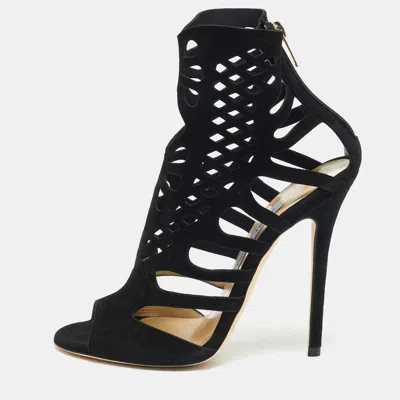 Pre-owned Jimmy Choo Imogen Size 38 Black Suede Cut-out Stretch Sandals