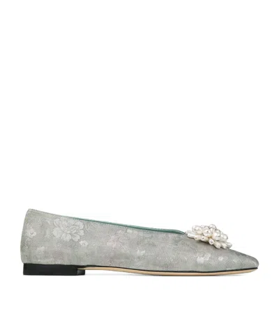 Jimmy Choo Ines Brocade Pearl-embellished Flats In Gray