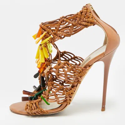 Pre-owned Jimmy Choo Iris Size 38 Brown Macramé Leather And Suede Embellishment Ankle Strap Sandals