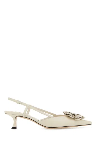 Jimmy Choo Latte Shiny Nappa Leather Slingbacks With Lace Corsage In Multi