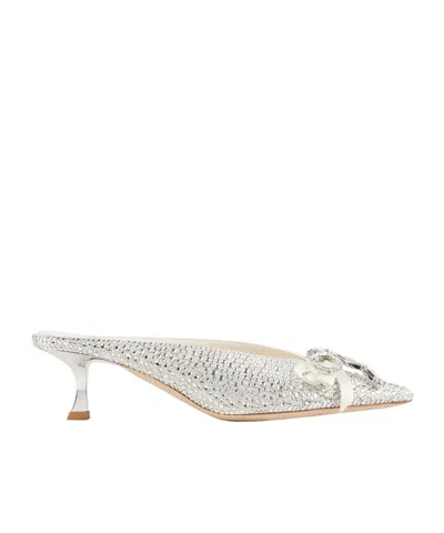 Jimmy Choo Ivory Satin And Princess Crystal Hotfix Mules With Bow Embellishment In Silver