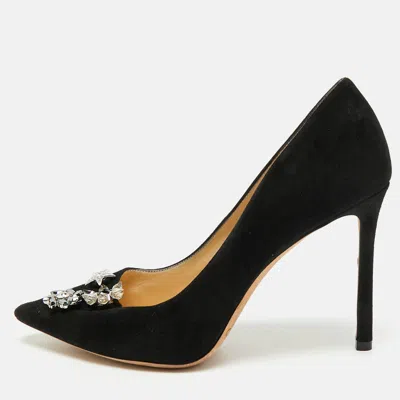 Pre-owned Jimmy Choo Jasmine Size 37.5 Black Suede Crystal Flora Embellished Pumps