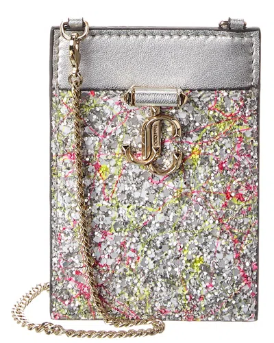 Jimmy Choo Jc Logo Glitter & Leather Card Holder On Chain In Multi