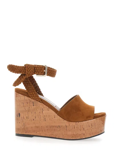 Jimmy Choo Jori Leather Wedge Sandals With Open Toe, Ankle Strap Closure, And Braided Strap In Brown