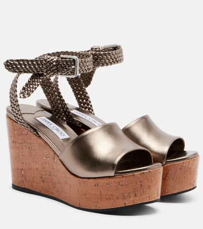 Jimmy Choo Jory Metallic Leather Wedge Sandals In Gray