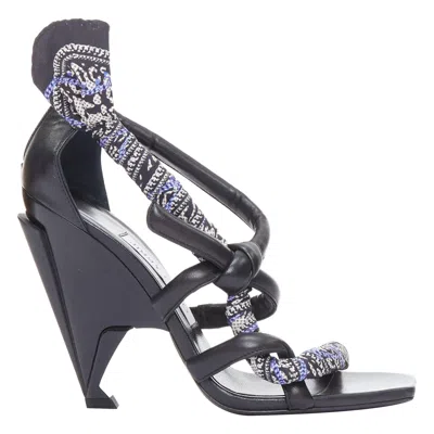Pre-owned Jimmy Choo Kalypso Blue Scarf Black Architectural Heel Sandals Eu36.5