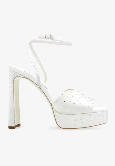 Jimmy Choo Karli 125 Crystal Satin Platform Sandals In Ivory