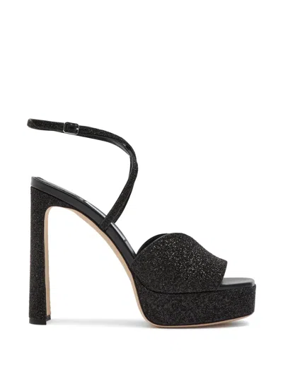 Jimmy Choo Karli 125 Glitter Leather Sandals In Black
