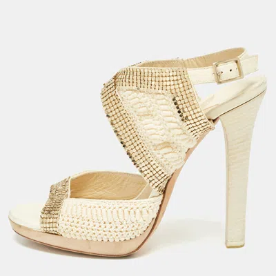 Jimmy Choo Knit Fabric Embellished Ankle Strap Sandals In White