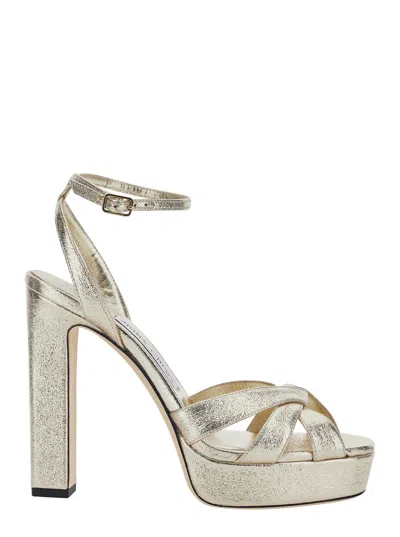 Jimmy Choo Kove High Heel Sandals In Fabric With Adjustable Strap In Metallic