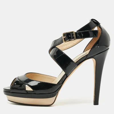 Pre-owned Jimmy Choo Kuki Size 39 Black Patent Leather Criss Cross Platform Sandals