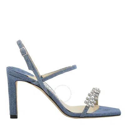 Jimmy Choo Ladies Denim Crystal Meira 85 Two Band Sandals In Blue