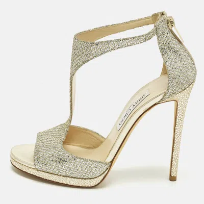 Pre-owned Jimmy Choo Lana 120 Size 39 Gold Glitter T Strap Sandals