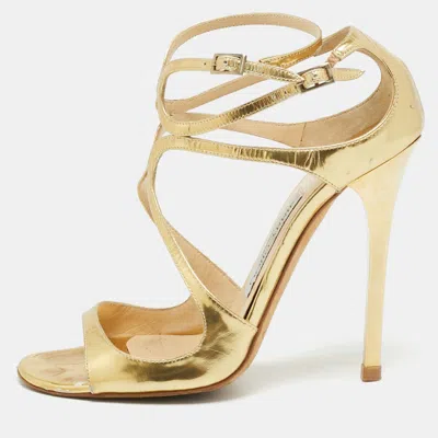 Pre-owned Jimmy Choo Lance Size 37 Gold Leather Ankle Strap Sandals