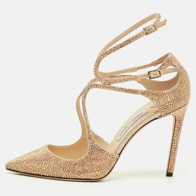 Pre-owned Jimmy Choo Lancer Size 40.5 Beige Satin Crystal Embellished Pumps In Sand
