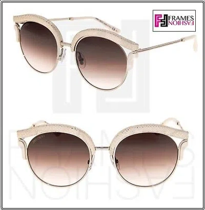 Pre-owned Jimmy Choo Lash Silver Taupe Leather Glitter Stud Metal Cat Eye Sunglasses In Ptfjs