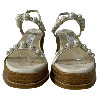 Pre-owned Jimmy Choo Latte Wedge Sandals With Pearls In White Nappa Leather