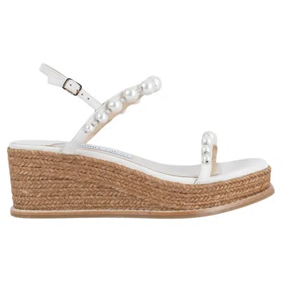Pre-owned Jimmy Choo Latte White Leather Amatuus 60 Pearl Wedge Sandals Shoes 37.5