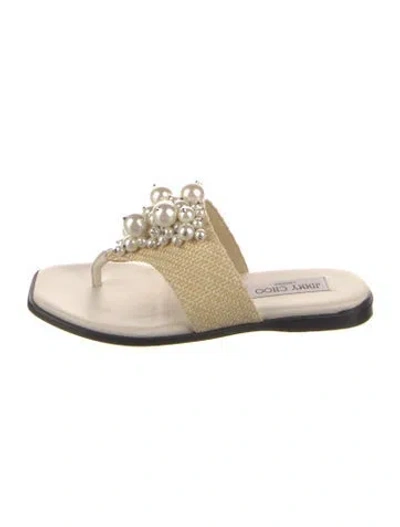 Pre-owned Jimmy Choo Leather Beaded Accents Flip Flops In Neutral