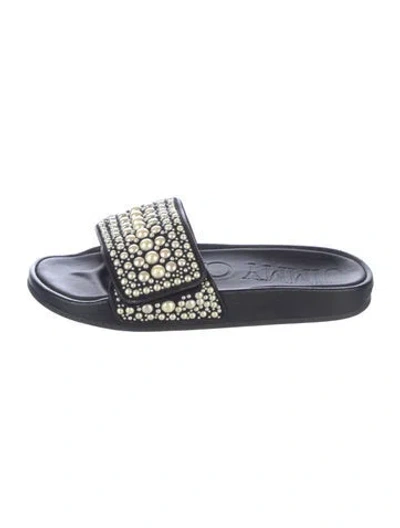 Pre-owned Jimmy Choo Leather Beaded Accents Slides In Black