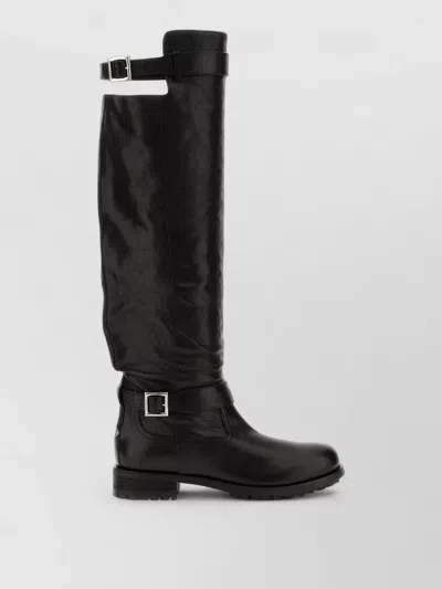 Jimmy Choo Leather Biker Boots Buckle Knee High Lug In Black