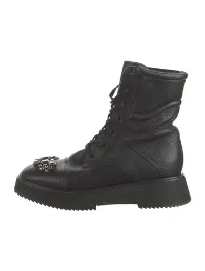 Pre-owned Jimmy Choo Leather Crystal Embellishments Combat Boots In Black