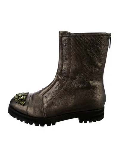 Pre-owned Jimmy Choo Leather Crystal Embellishments Combat Boots In Black