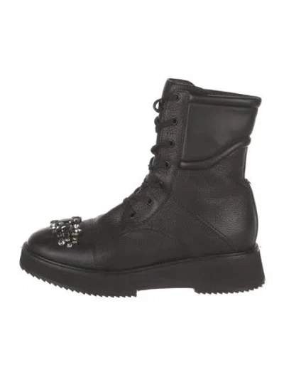 Pre-owned Jimmy Choo Leather Crystal Embellishments Combat Boots In Black