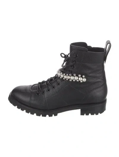 Pre-owned Jimmy Choo Leather Crystal Embellishments Combat Boots In Black