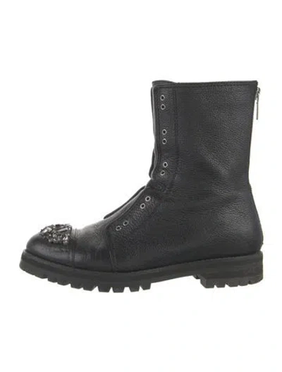 Pre-owned Jimmy Choo Leather Crystal Embellishments Combat Boots In Black