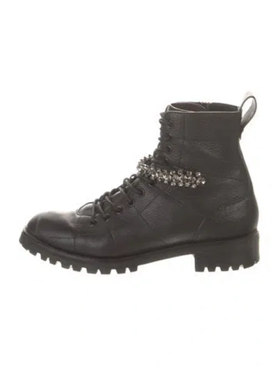 Pre-owned Jimmy Choo Leather Crystal Embellishments Combat Boots In Black